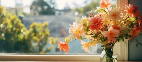 Flowers near apartment window photo