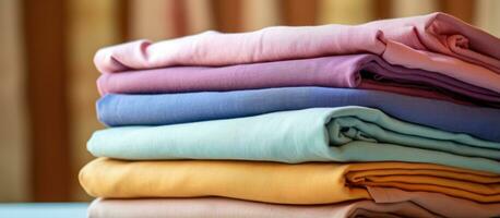 Close up top view of a colorful pile of fabric emphasizing the concept of DIY sewing and tailor work in home interiors photo