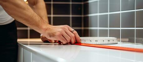 A man in the kitchen using a measuring tape measuring distance for tile repairs in the apartment photo