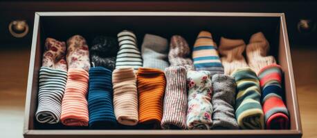 Various socks in textile box on closet backdrop photo