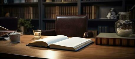 Office desk with books notebooks and documents photo