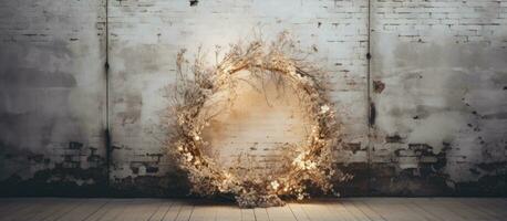 Minimal winter holiday decoration with a large beautiful wreath on a loft apartment wall photo