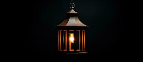 Contemporary wooden lantern suspended from ceiling with dark backdrop photo
