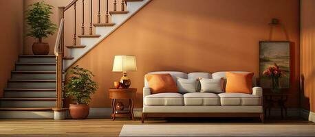 Warmly decorated living room in a staged home with staircase and furnishings photo