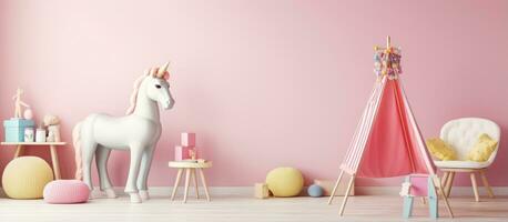 A wooden camera toy and a LED light in the shape of a pink unicorn on a table in a child s playroom photo