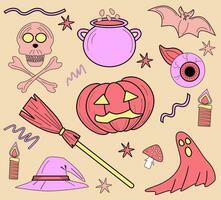 Happy Halloween, cute pink set of halloween symbols pumpkin hat broom bowler hat vector EPS10