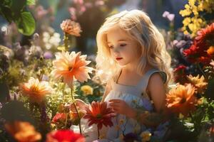 pequeño rubia niña en al aire libre flor jardín, con paisaje lleno o flores brillante y soleado día foto