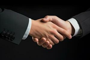 Handshake of two businessmen on black background, Businessman handshake close-up, top section cropped, No hand deformation, AI Generated photo