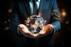 Close up of businessman holding in palms glowing earth globe. Elements of this image are furnished by NASA, Businessman holding global network connection in his hands. 3D rendering, AI Generated photo