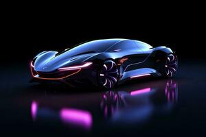 3D rendering of a brand-less generic concept car in studio environment, Car with neon lights on a dark background, side view. Sports car, futuristic autonomous vehicle. HUD car, AI Generated photo