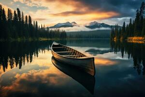 arco de un barco en el lago a amanecer, jaspe nacional parque, alberta, Canadá, canoa en lago, ai generado foto