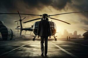 Businessman in front of a helicopter at the airport. Mixed media, Businessman rear view private helicopter transport, AI Generated photo