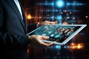 Close up of businessman hands using tablet pc with business infographs on screen, Businessman hand touching digital tablet with digital technology icons on virtual screen, AI Generated photo