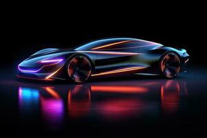 Sport car on a dark background. 3D rendering. Neon lights. Car with neon lights on a dark background, side view. Sports car, futuristic autonomous vehicle. HUD car, AI Generated photo