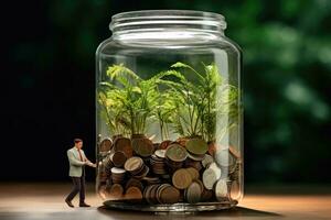 Businessman standing in a glass jar with coins and green plant. Businessman saving money in a glass jar, top section cropped, no hand deformation, AI Generated photo