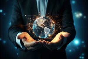 Close up of businessman hands holding global network concept. 3D rendering, Businessman holding global network connection in his hands. 3D rendering, AI Generated photo