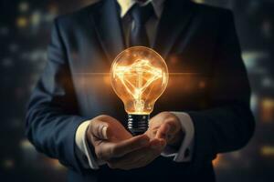 Close up of businessman holding in palm glowing light bulb. Idea concept, Businessman on blurred background using glowing lightbulb with his hand 3D rendering, AI Generated photo