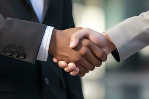 Business people shaking hands, finishing up a meeting. Handshaking concept, Businessman handshake close-up, top section cropped, No hand deformation, AI Generated photo