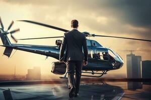 Businessman in suit running in front of a helicopter at sunset. Businessman rear view private helicopter transport, AI Generated photo