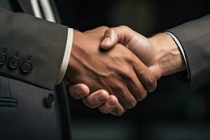Close-up of two businessmen shaking hands in office. Shaking hands concept, Businessman handshake close-up, top section cropped, No hand deformation, AI Generated photo