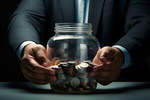 Businessman holding glass jar with coins. Saving money for retirement concept. Businessman saving money in a glass jar, top section cropped, no hand deformation, AI Generated photo