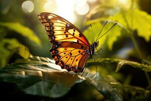 mariposa en el jardín. hermosa mariposa en un natural ambiente. mariposa en un hoja en el Mañana ligero. de cerca, ai generado foto