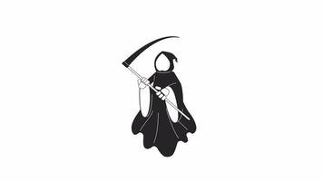 Grim reaper holding scythe bw cartoon animation. Floating Halloween death 4K video motion graphic. Hooded monster. Spirit Helloween 2D monochrome line animated character isolated on white background