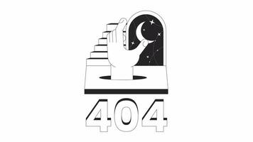 fantaisie surréaliste nuit noir et blanc Erreur 404 animation. main pendaison lune ciel Erreur message gif, mouvement graphique. bien nuit. escalier croissant Animé concept linéaire 4k vidéo isolé sur blanc video