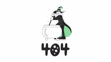 Halloween witch brewing bubbly cauldron bw error 404 animation. Magical error message gif, motion graphic. Wizard lady boiling pot animated character outline 4K video isolated on white background