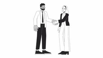 Man woman shaking hands bw outline cartoon animation. Job interview hired diversity 4K video motion graphic. Negotiating handshake 2D monochrome linear animated characters isolated on white background