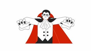 Classic Halloween vampire in scare pose bw 2D character animation. Showing fangs and sharp claws outline cartoon 4K video, alpha channel. Adult man in costume animated person on white background video