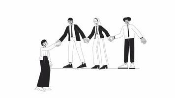 Office workers holding hands bw outline 2D animation. Business people joining 4K video motion graphic. Diverse colleagues teamwork monochrome linear animated cartoon flat concept, white background