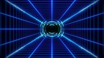 Retro futuristic cyberpunk tunnel grid motion background with glowing blue neon light and flowing energy beams. video