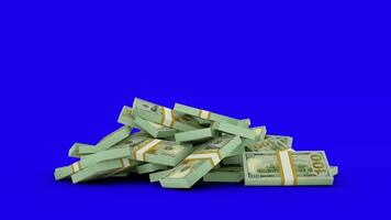 3d animation of stacks of 100 us dollar notes falling on blue screen floor. You can Key out or remove background to replace with a custom one. 3d rendering video