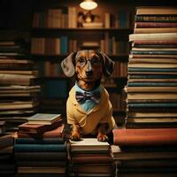 brown dachshund with glasses among books photo