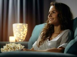 Happy young woman watching movie in her kitchen at home with popcorn photo