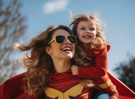 A woman dressed as a super hero and her daughter in spandex holding her photo