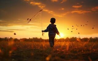 A boy running on a field with a kite flying photo