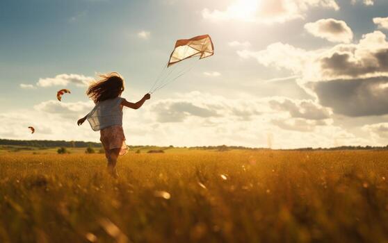 A girl running on a field with a kite flying photo