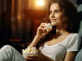 Happy young woman watching movie in her kitchen at home with popcorn photo