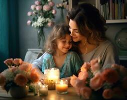 Happy mom and daughter sharing some flowers on couch in the house photo