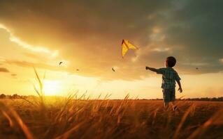 A boy running on a field with a kite flying photo