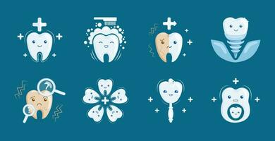 Set of cartoon teeth icons, dental symbols, cute teeth characters in medical condition vector