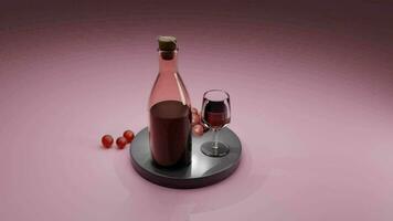 3d interpretazione di rosso vino, uva vino, mazzo di uva su metallo piatto con botlle e vino bicchiere video