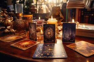 Tarot cards on wooden table. Fortune telling and reading future. Generative AI photo