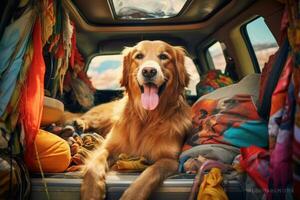 Cute dog travelling in car. Road trip with pet. Generative AI photo