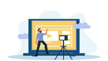 Video vloger business vector illustration concept. Web vlog design social media broadcast advertising creator. Online stream webinar movie tutorial. Explainer blog channel with camera. Blogging like