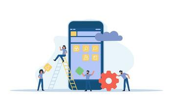 Mobile app development vector concept illustration design. Application create business phone web interface screen. Flat developer construction smartphone. Programming UI device button element.