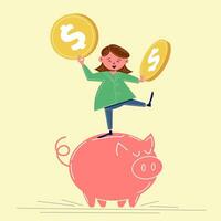 The girl stands on a piggy bank and holds large coins in her hand. Retro character in flat style. Vector illustration .