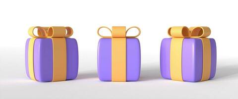 3d purple gift boxes with yellow bows in a realistic style. design element for a banner with sales or giveaways. illustration isolated on white background. 3d rendering photo